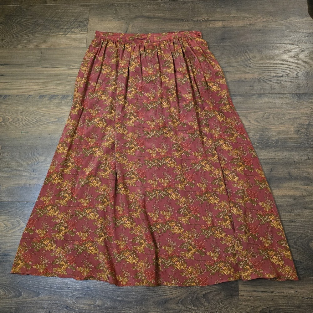 VTG 60s Hong Kong Silk Maxi Skirt 14* Red Mustard Floral Dark Academia Fall